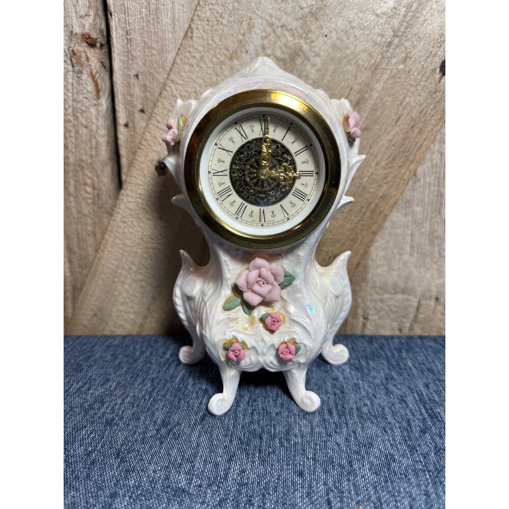 Vintage Narco Footed Mantle Clock Made In West Germany White W/Petite Pink Roses
